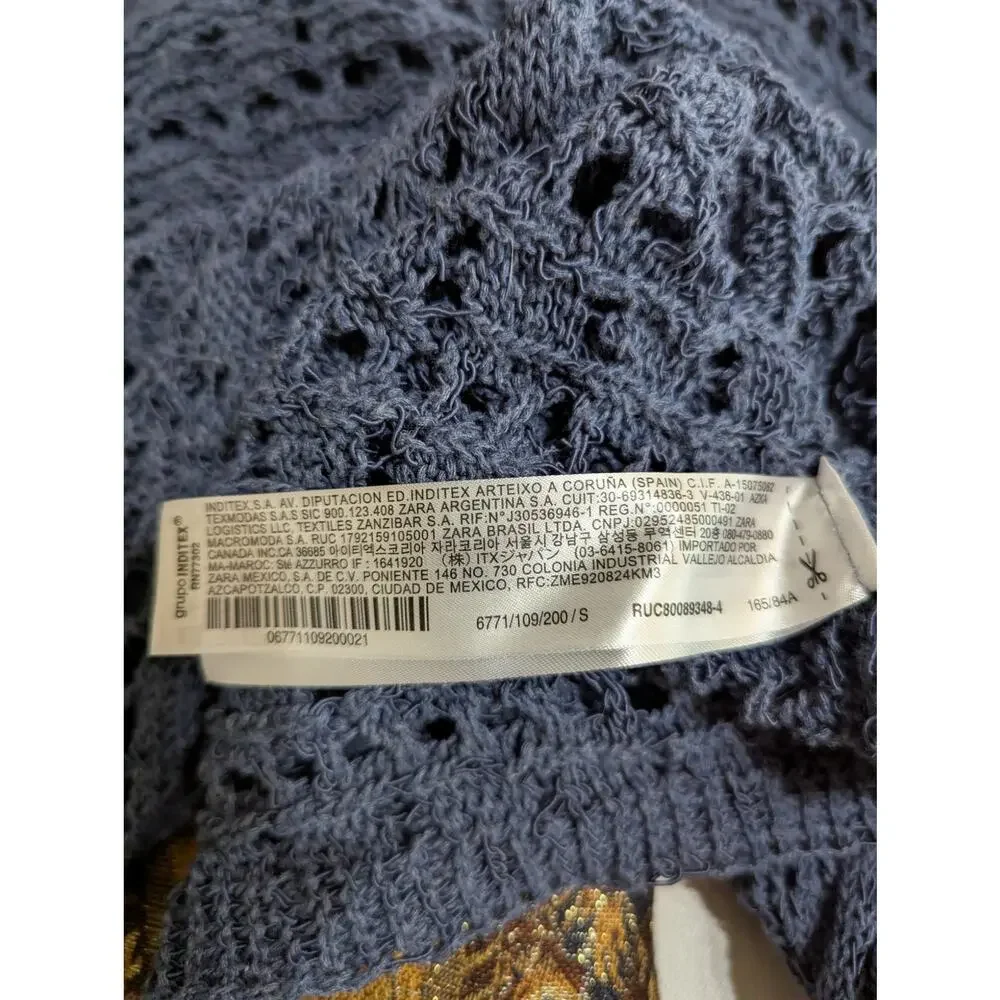 ZARA Open Knit Cropped Batwing Sweater Slate Blue Boho Size S Dolman Sleeve boho